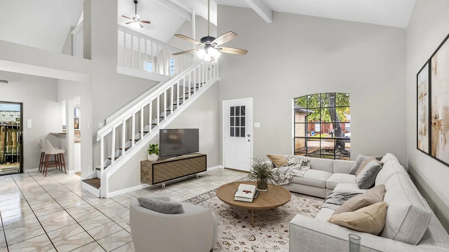 Virtually staged two-storey living room in a Houston listing